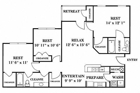 Floor plan for 3 beds, 2 baths, 1350 sqft